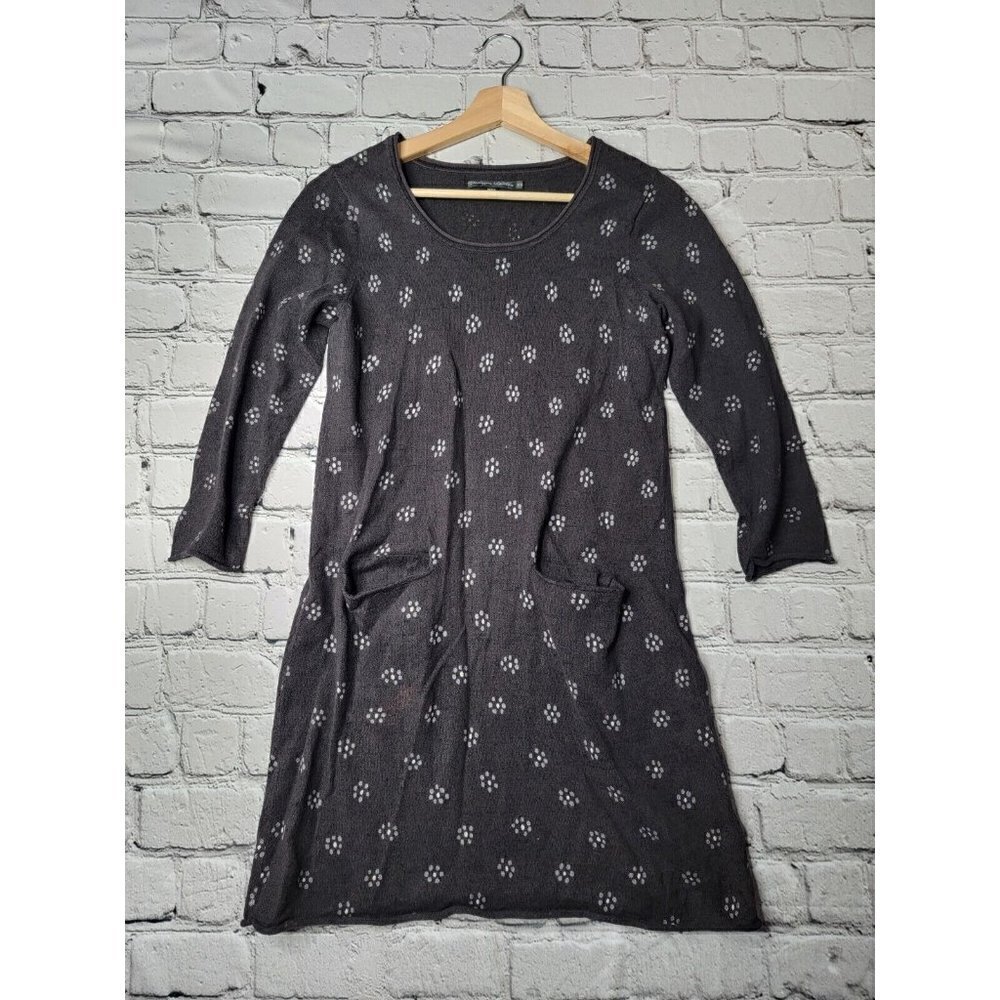 Gudrun Sjoden Linen Cotton Charcoal Gray Geometric Floral Knit Sweater Dress XS